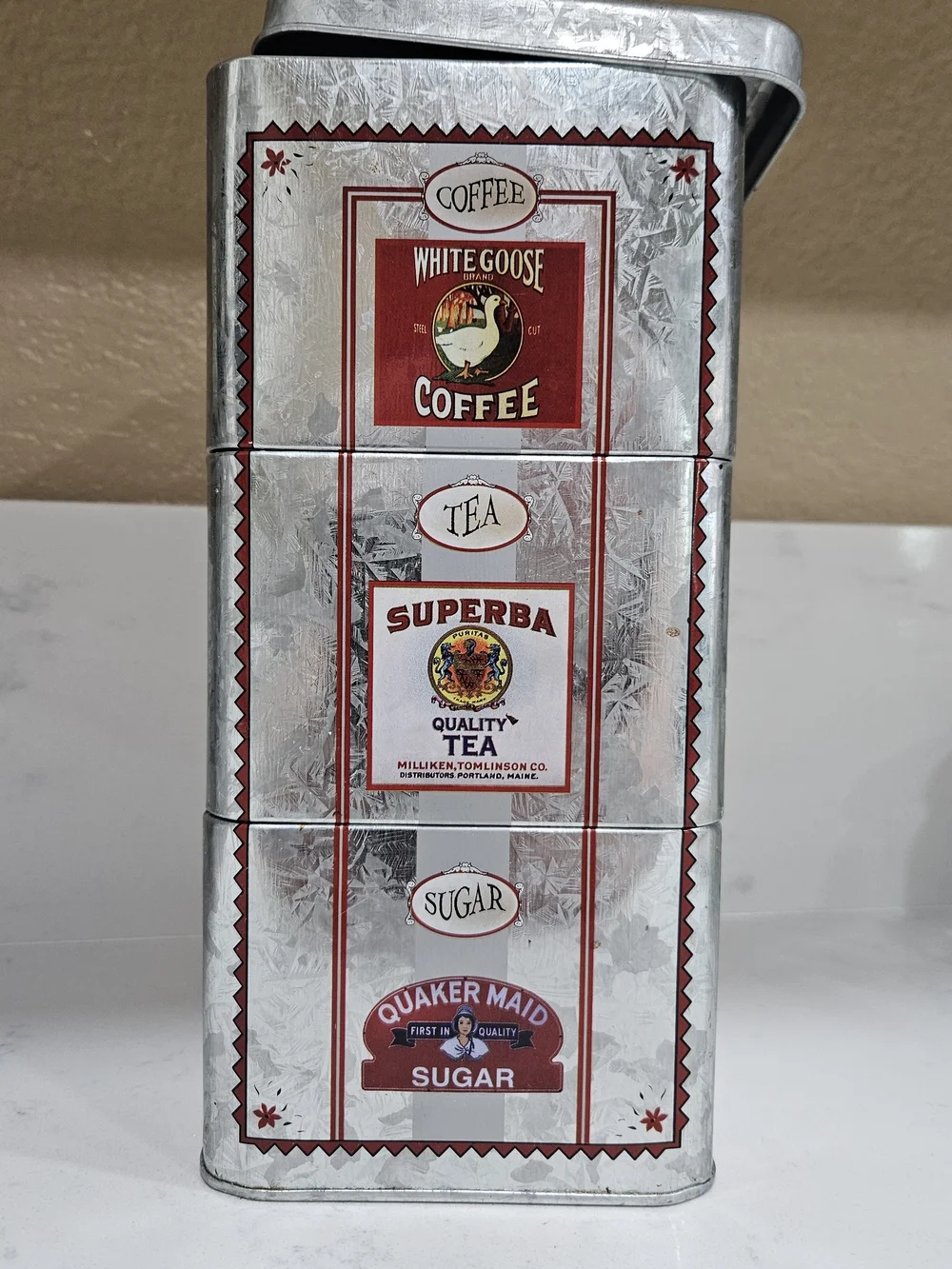 White Goose Coffee, Tea & Sugar Canister Set - Silver & Red